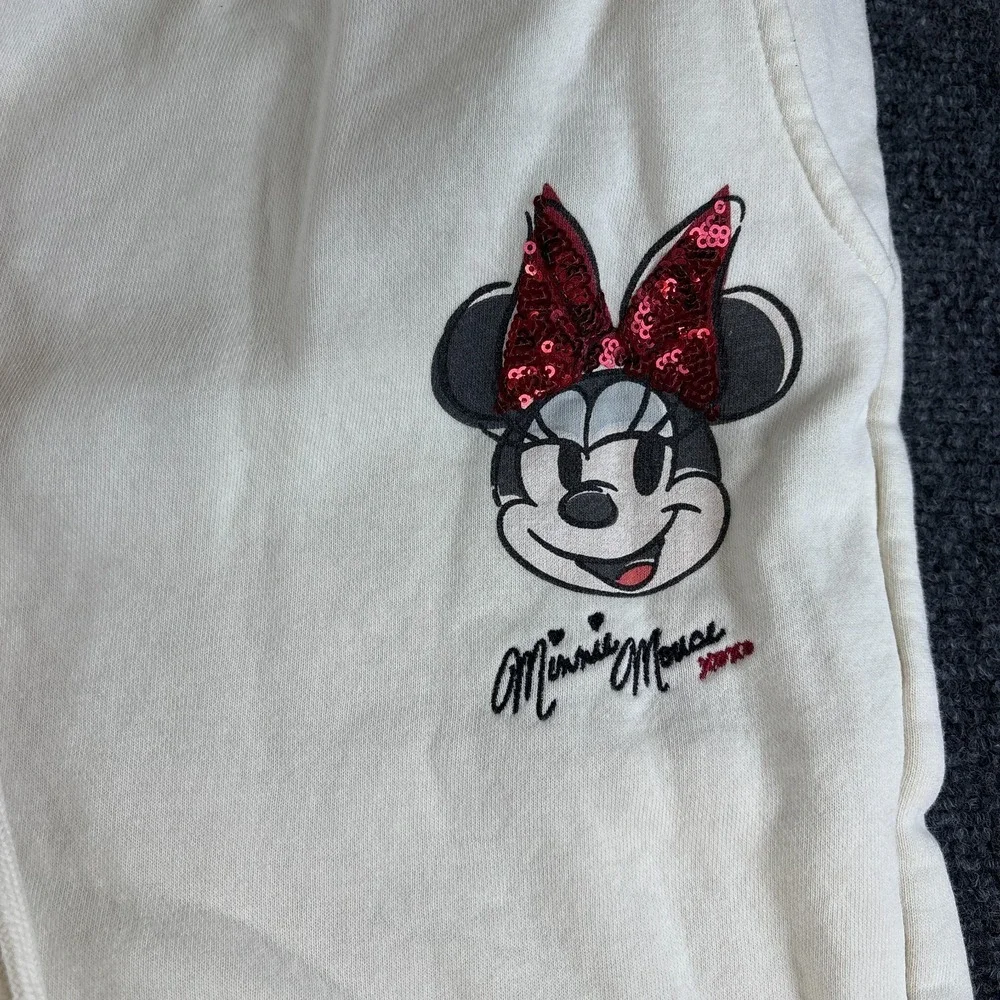 Disney Minnie Mouse Sweatpants Womens‎ 35x26 Cream Red Sequin Bow Tapered Leg